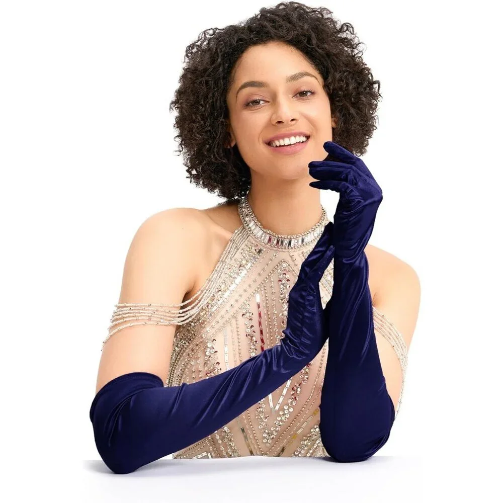 Women's Evening Navy Long Satin Gloves Elbow Length Formal Party Prom Wear